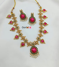 Temple Design Stone Studded Necklace Set with Earrings