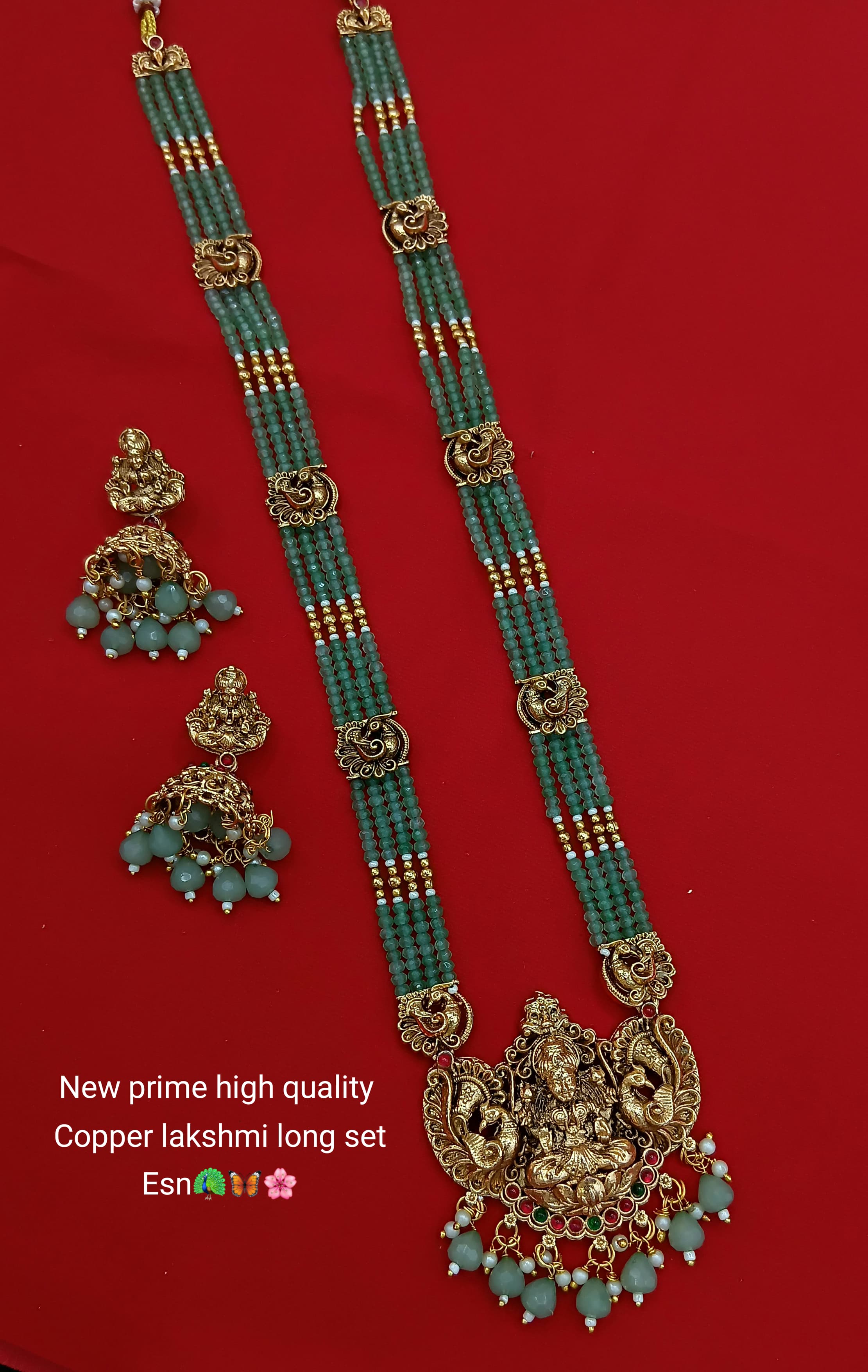 Temple Design Lakshmi Long Necklace Set with Beads & Earrings