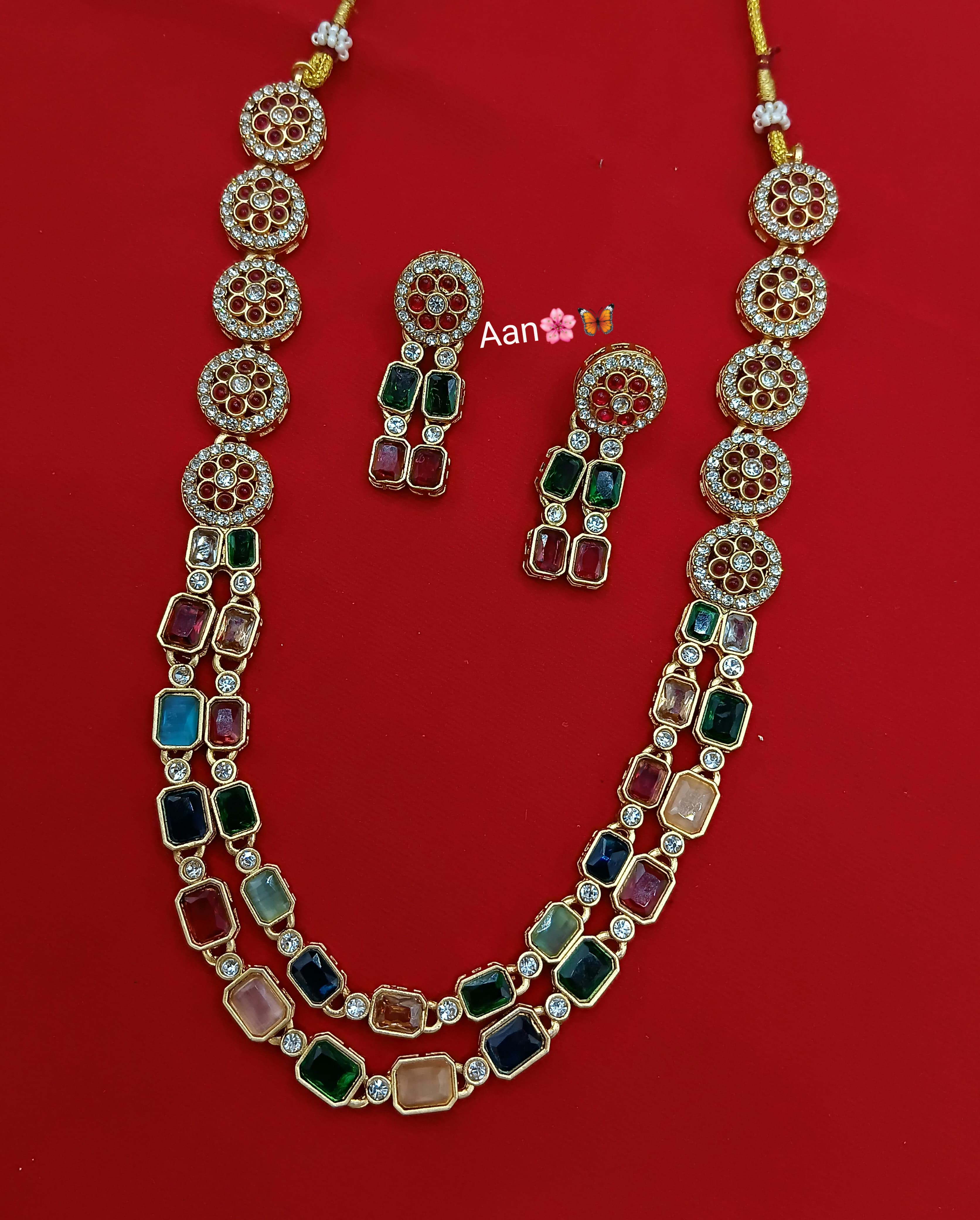 Floral Design Multi Stone Long Temple Necklace Set - Lucentemarket