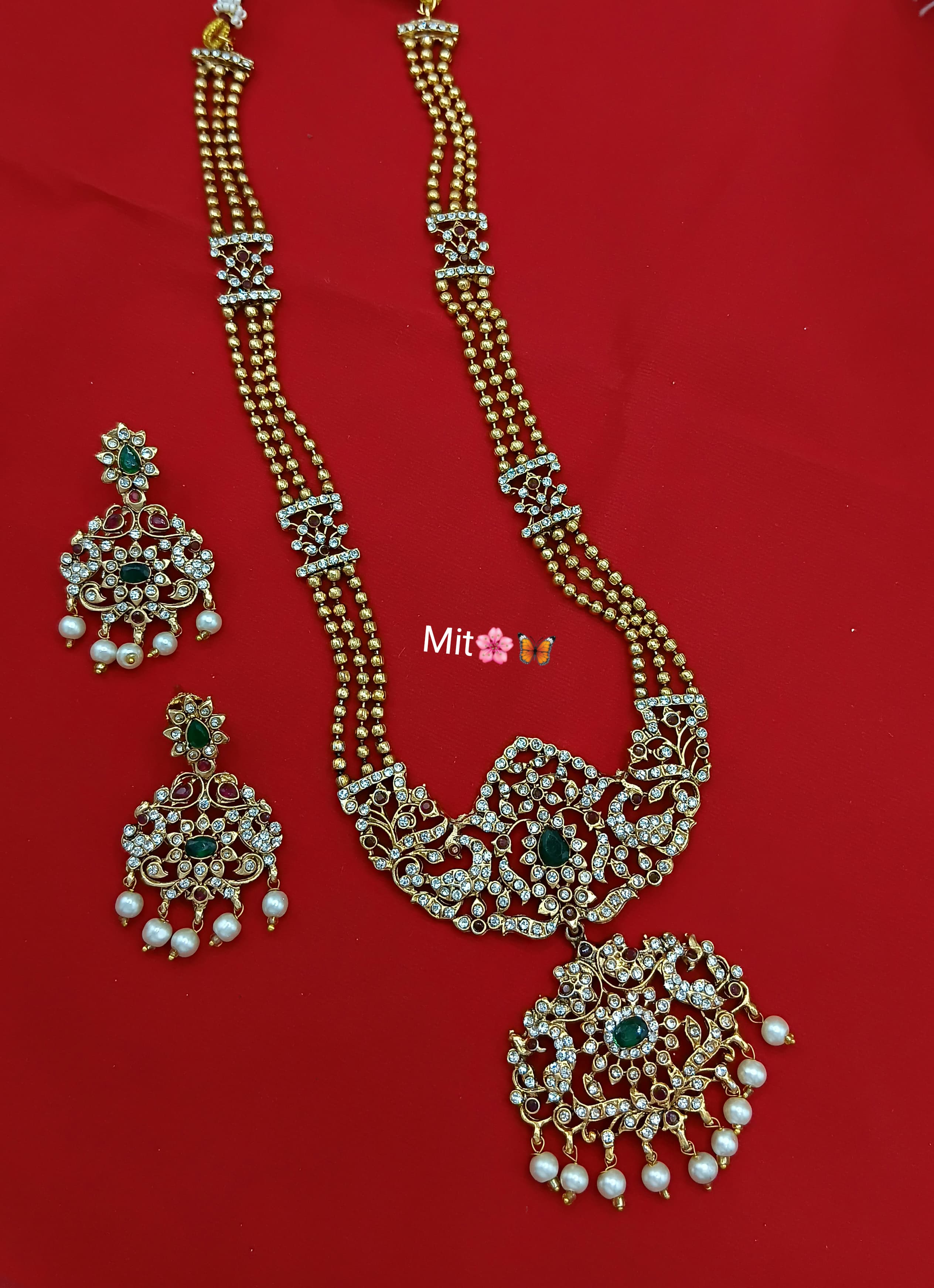 Royal Pearl & CZ Stone Long Temple Necklace Set - Lucentemarket