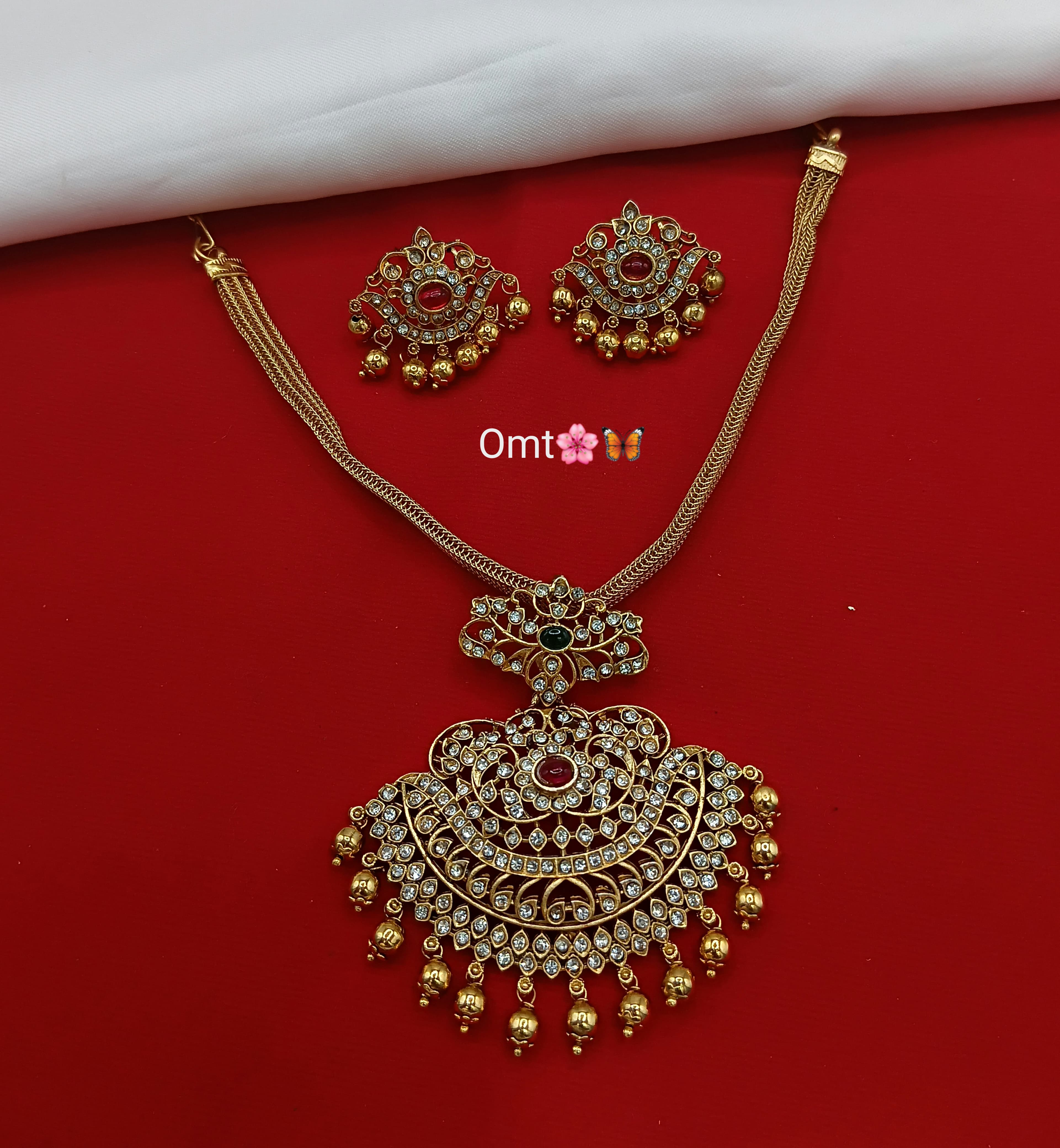 Regal Temple Design CZ Stone Short Necklace Set