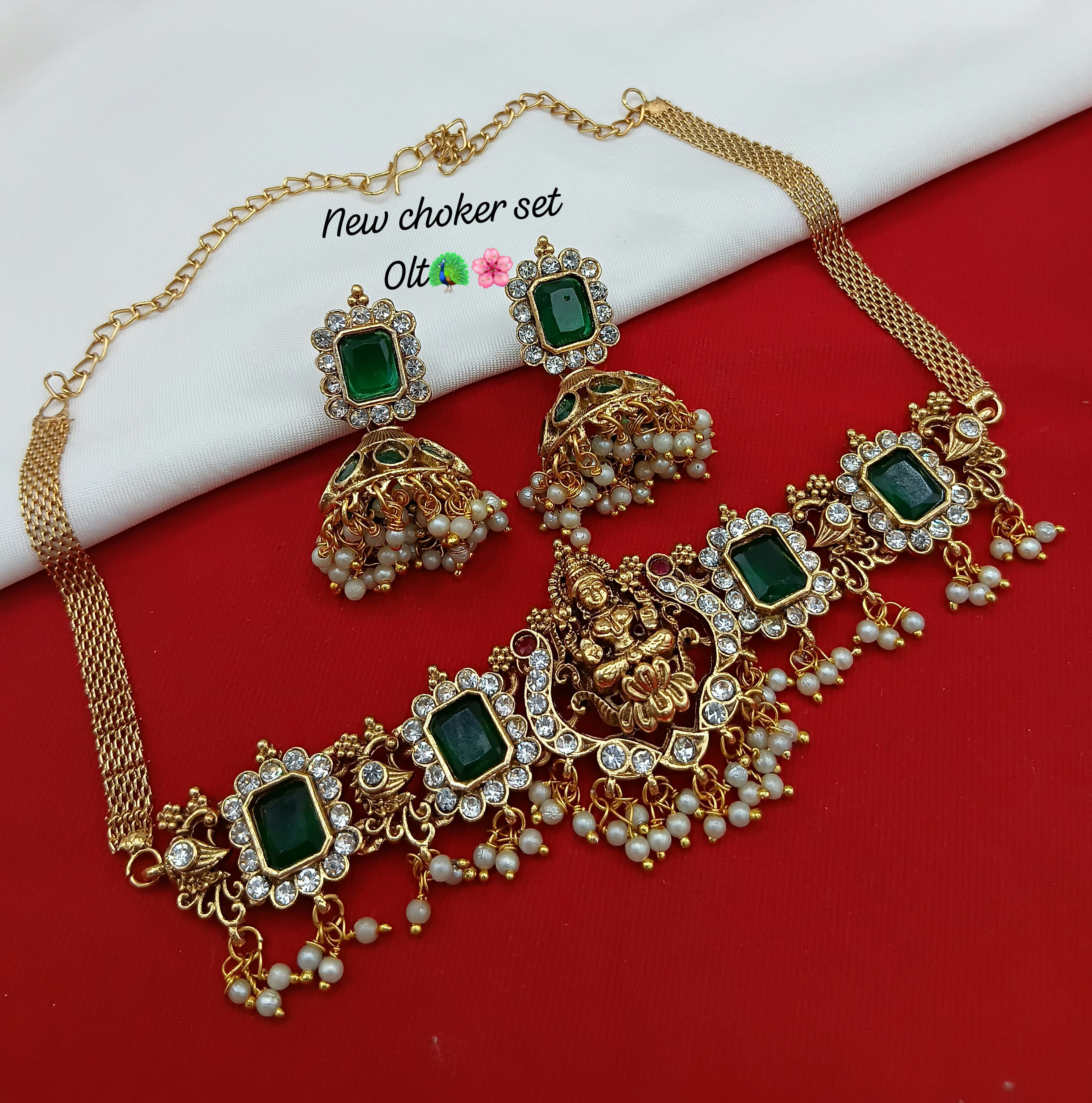 Traditional Temple Choker Necklace Set with Goddess Lakshmi Motif & Stone Accents