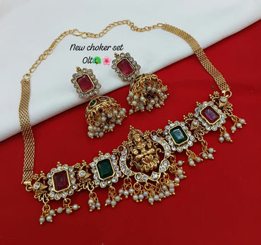 Traditional Temple Choker Necklace Set with Goddess Lakshmi Motif & Stone Accents