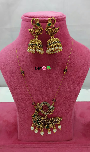 Classic Indian Temple Jewellery – Peacock Pendant Necklace with Earrings