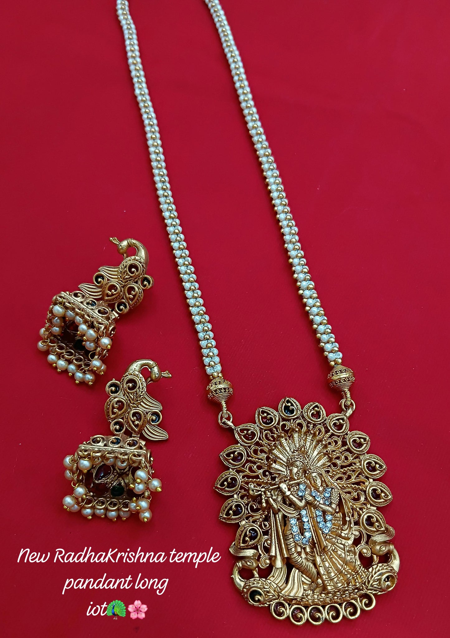 Radha Krishna Peacock Temple Pendant Long Necklace Set with Jhumkas