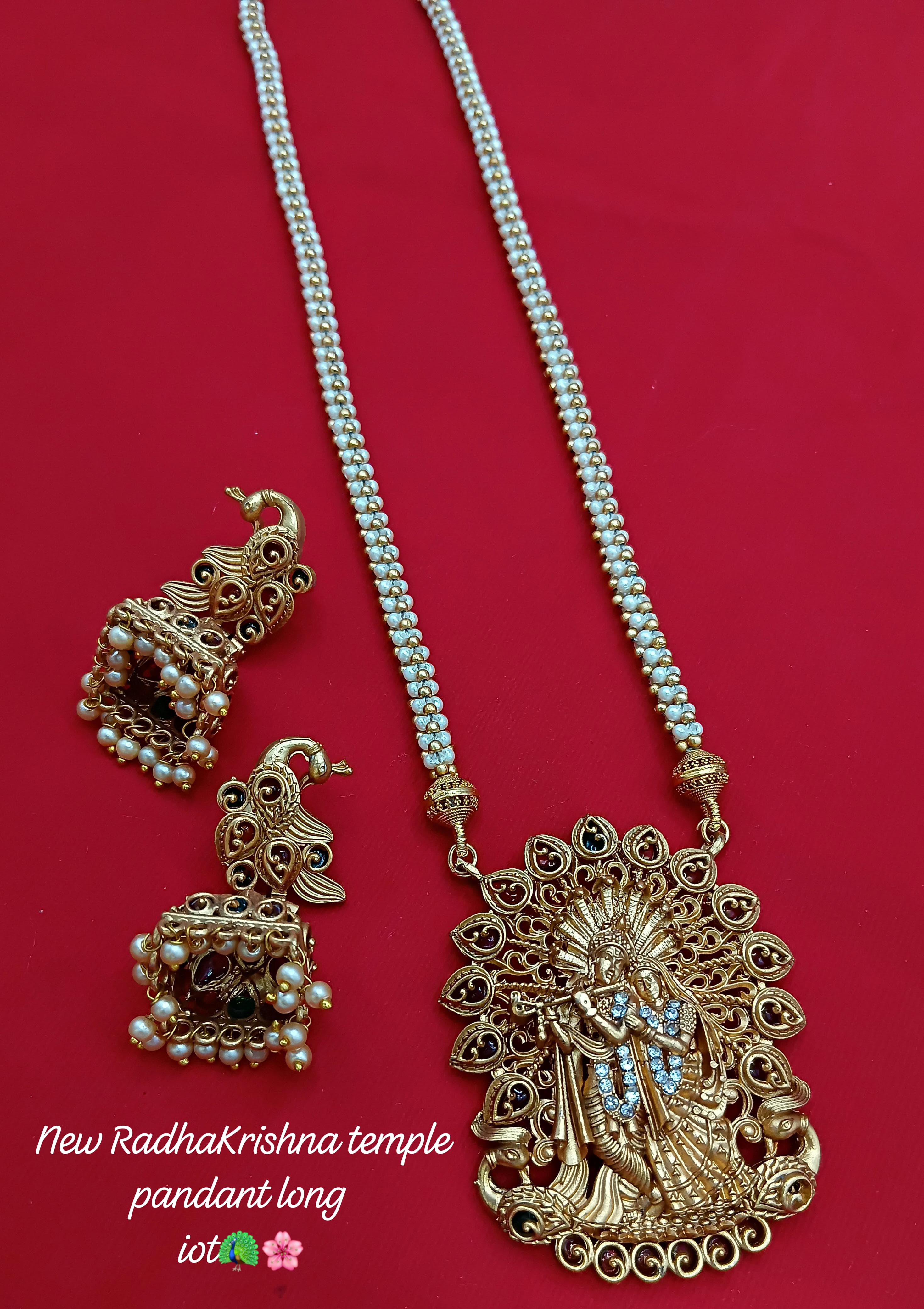 Radha Krishna Peacock Temple Pendant Long Necklace Set with Jhumkas