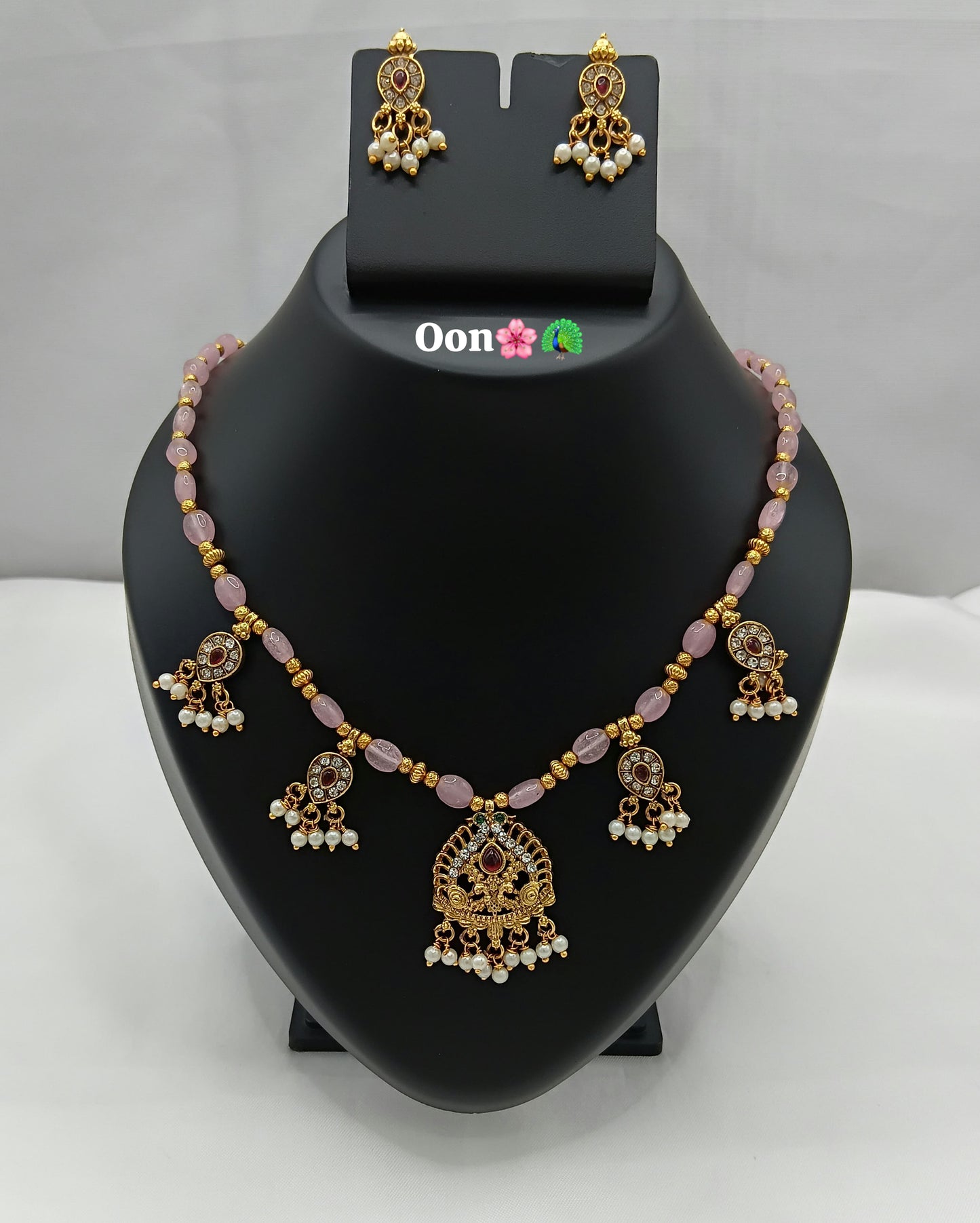Elegant Temple Pendant Necklace Set with Matching Pearl Drop Earrings