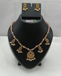 Elegant Temple Pendant Necklace Set with Matching Pearl Drop Earrings