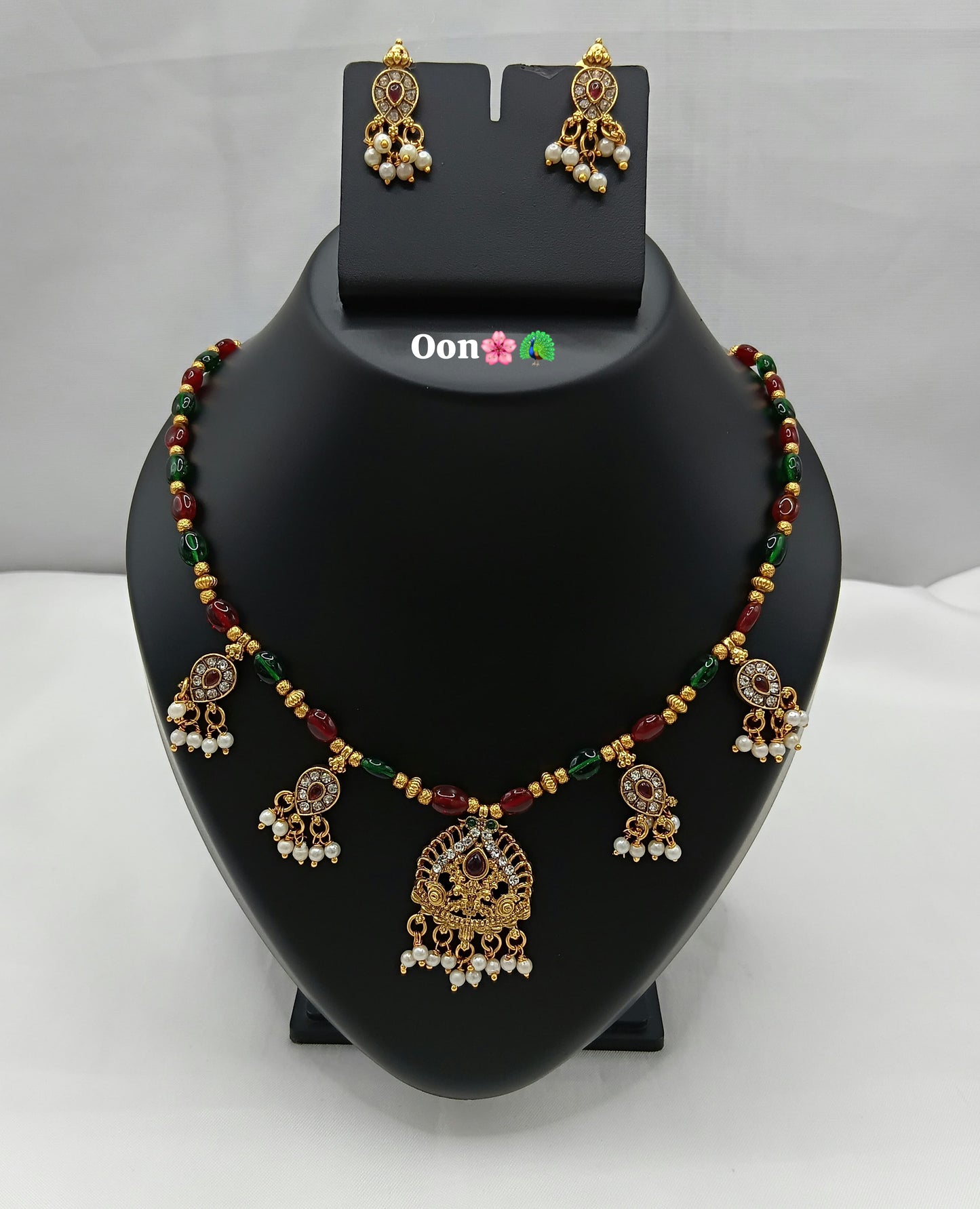 Elegant Temple Pendant Necklace Set with Matching Pearl Drop Earrings