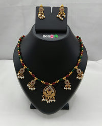 Elegant Temple Pendant Necklace Set with Matching Pearl Drop Earrings