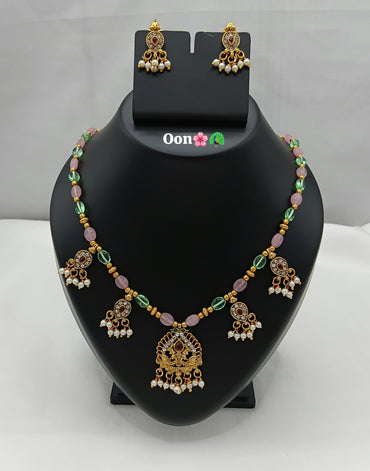 Elegant Temple Pendant Necklace Set with Matching Pearl Drop Earrings