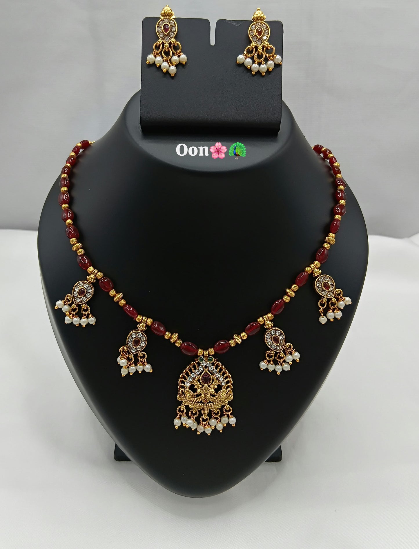Elegant Temple Pendant Necklace Set with Matching Pearl Drop Earrings