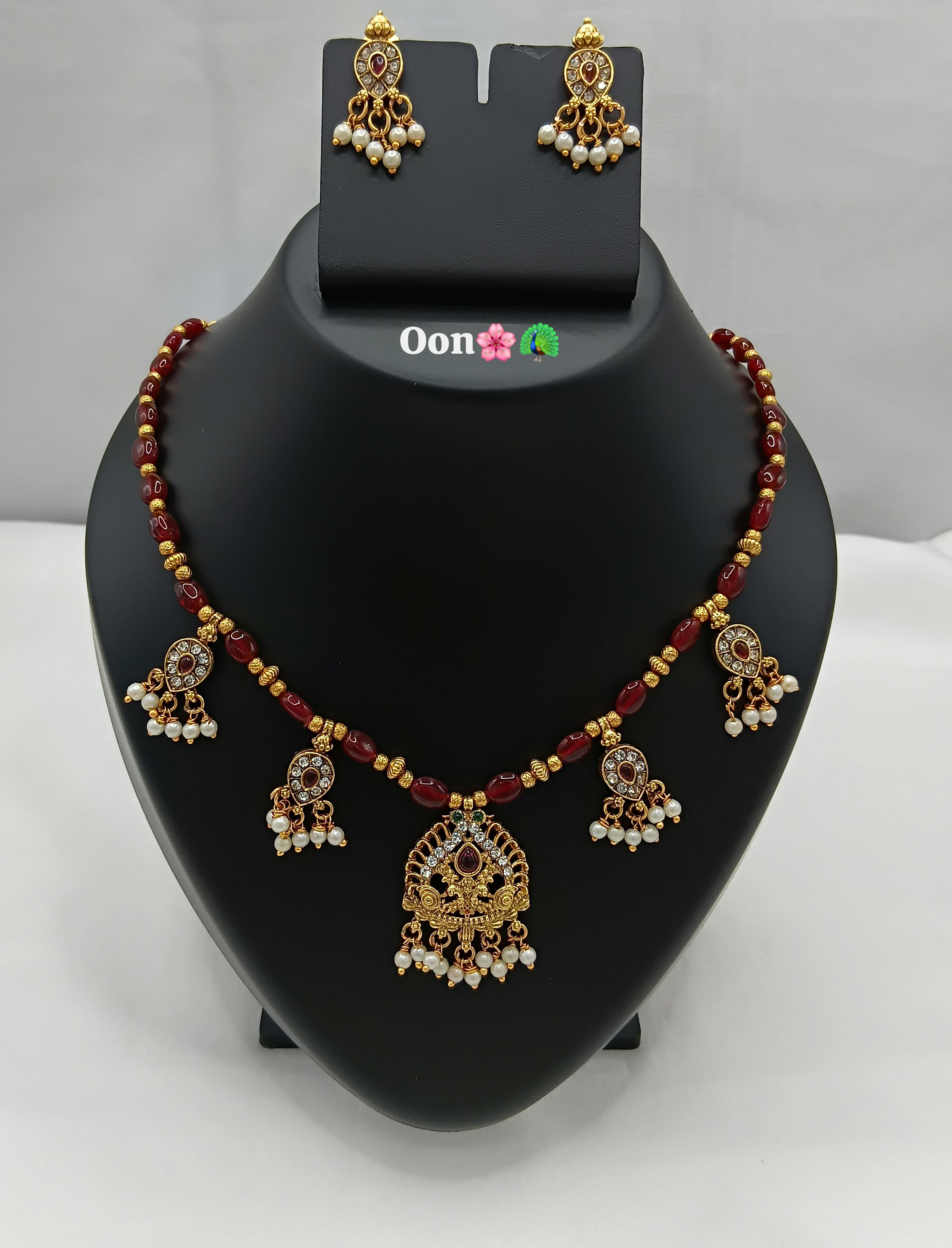Elegant Temple Pendant Necklace Set with Matching Pearl Drop Earrings