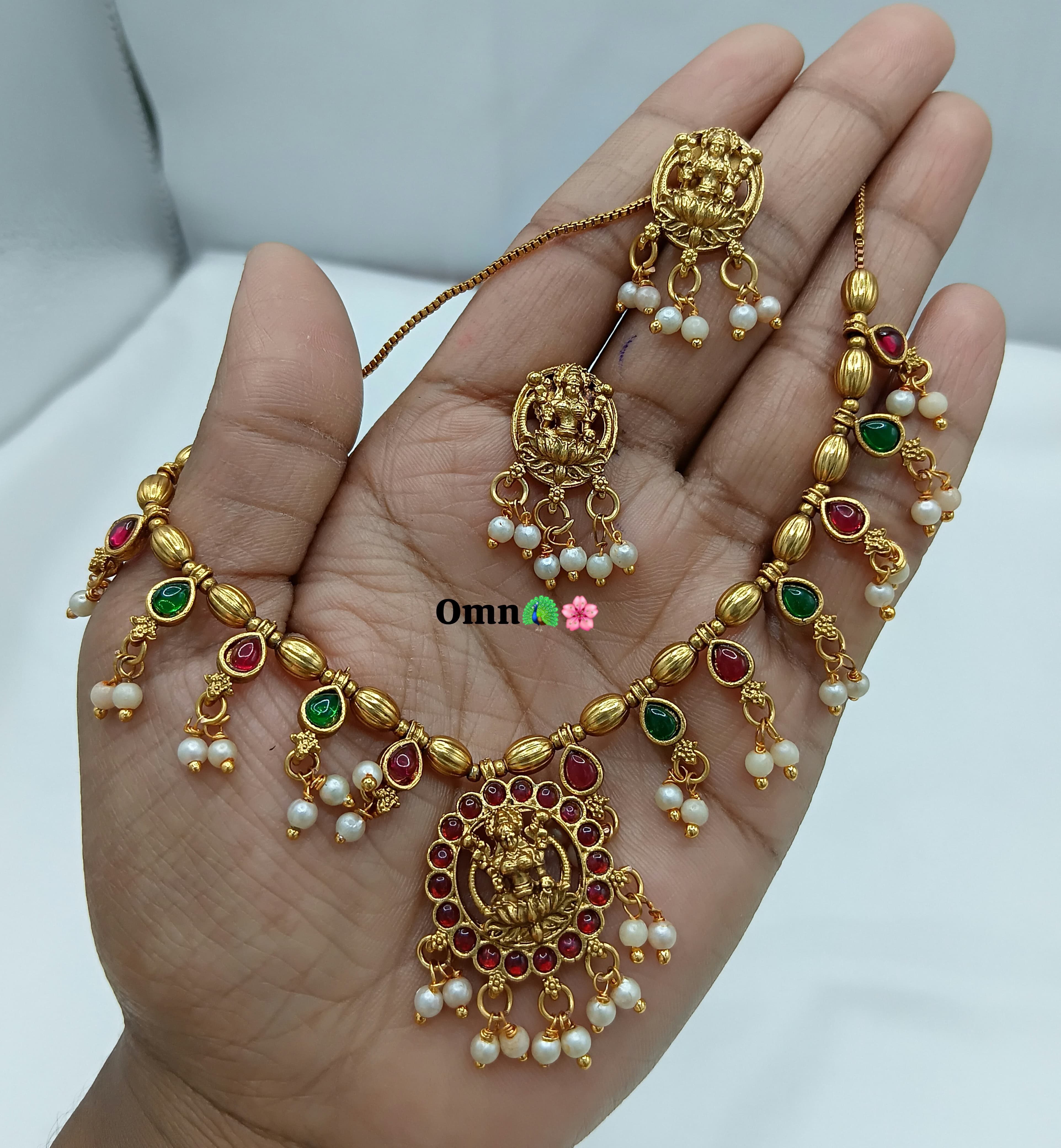 Traditional Lakshmi Temple Necklace Set with Pearl Drops and Matching Earrings – Ethnic Jewellery