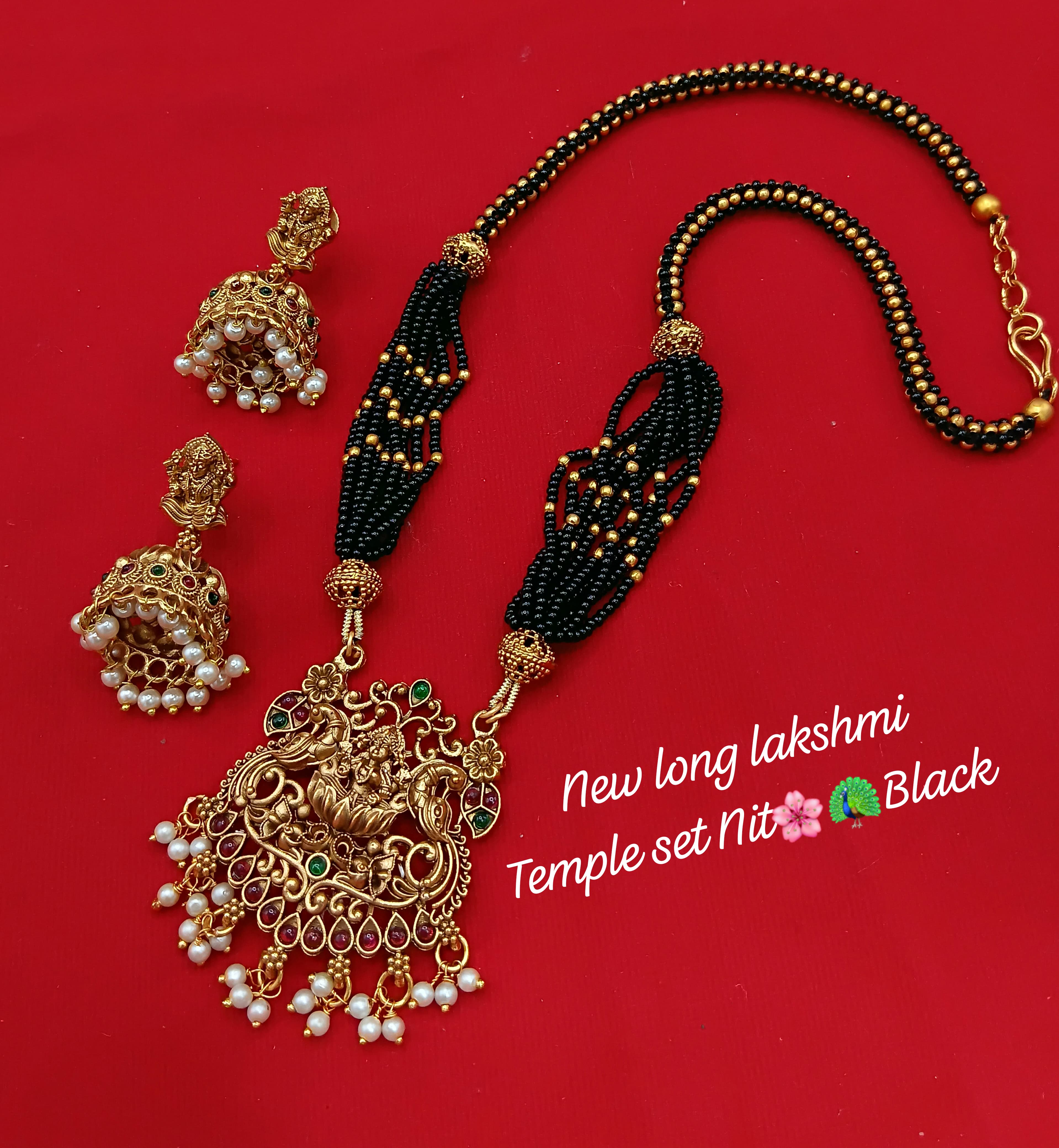 Long Lakshmi Temple Necklace Set with Pearl Drops and Matching Jhumka Earrings