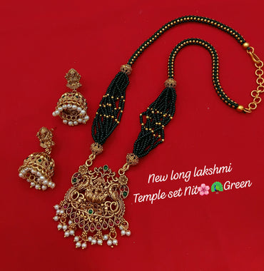 Long Lakshmi Temple Necklace Set with Pearl Drops and Matching Jhumka Earrings