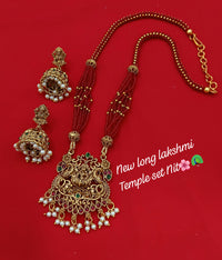 Long Lakshmi Temple Necklace Set with Pearl Drops and Matching Jhumka Earrings