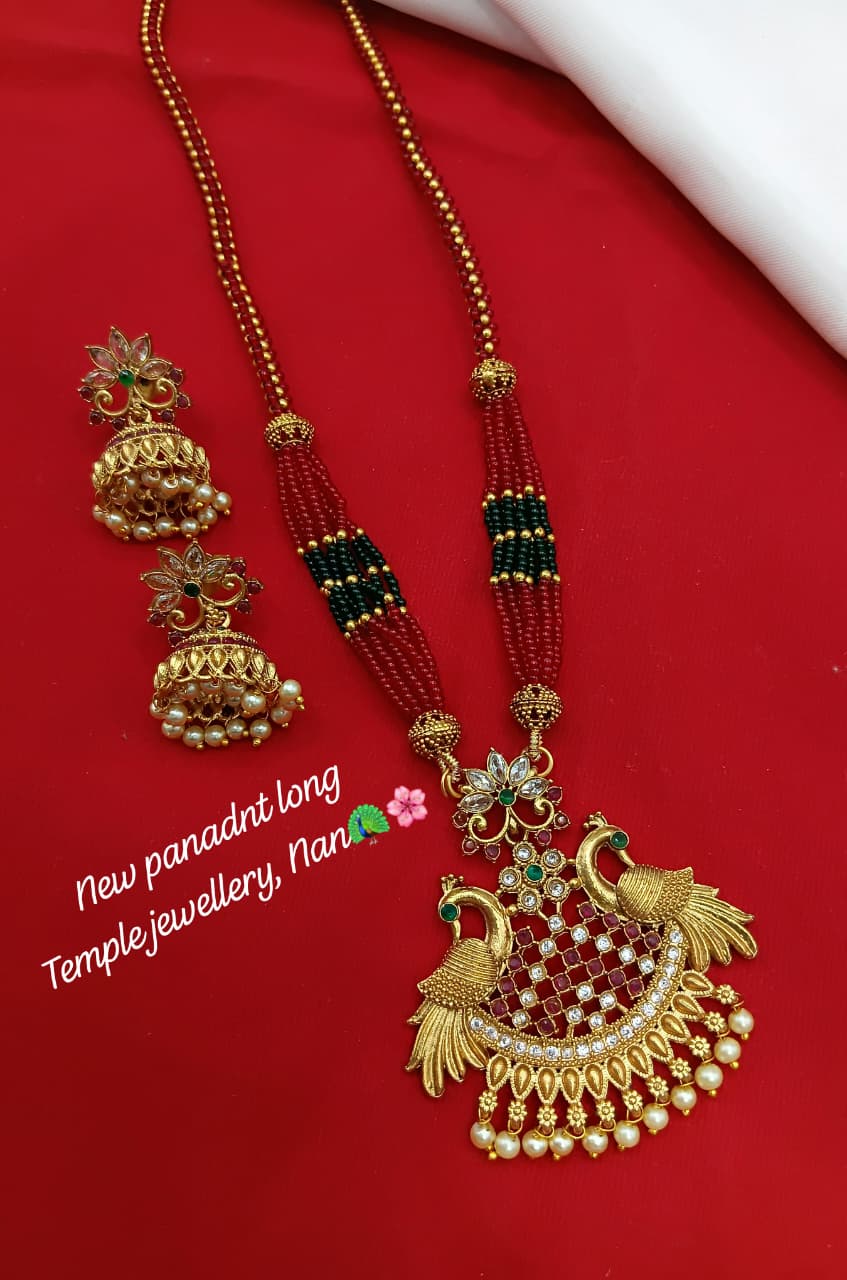 Long Temple Pendant Necklace Set with Dual Peacock Design and Matching Jhumka Earrings