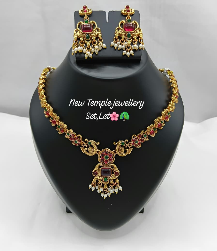 Traditional Temple Necklace Set with Intricate Pendant and Matching Jhumka Earrings