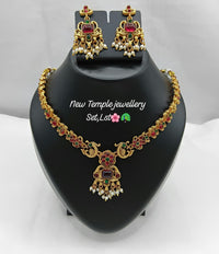 Traditional Temple Necklace Set with Intricate Pendant and Matching Jhumka Earrings