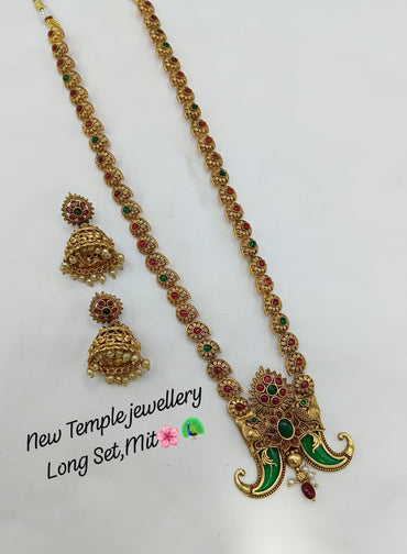 Traditional Temple Long Necklace Set with Intricate Pendant and Matching Jhumka Earrings