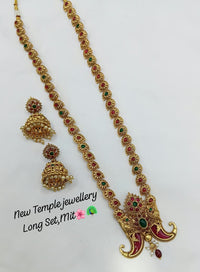 Traditional Temple Long Necklace Set with Intricate Pendant and Matching Jhumka Earrings