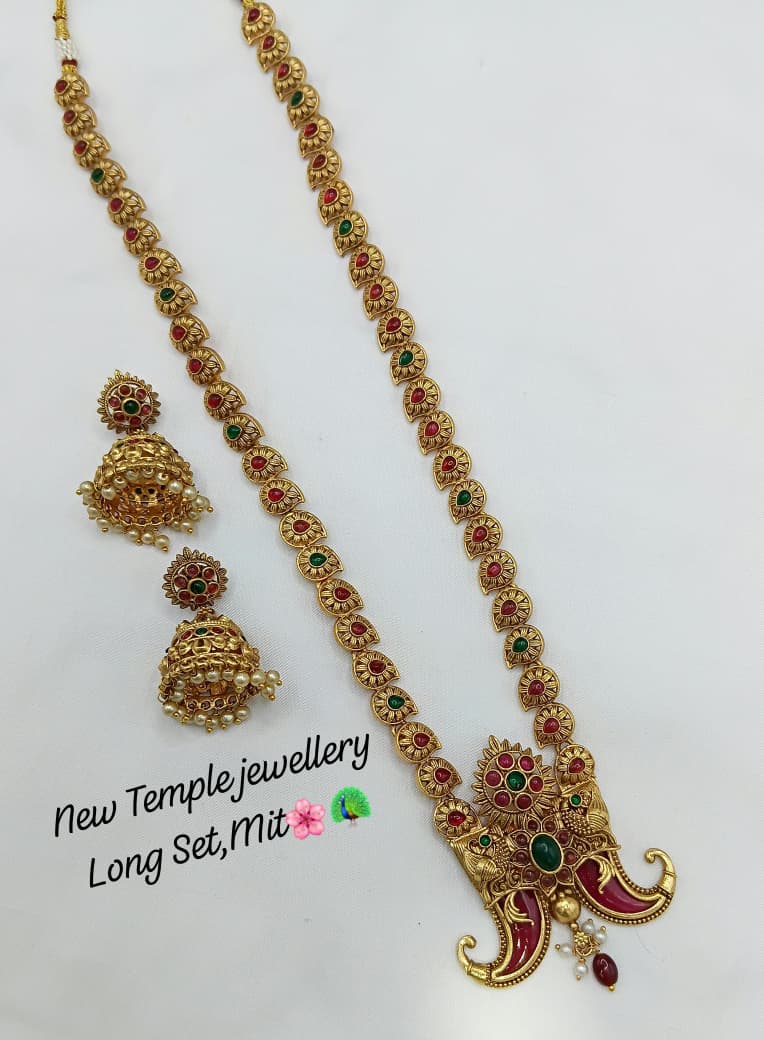 Traditional Temple Long Necklace Set with Intricate Pendant and Matching Jhumka Earrings
