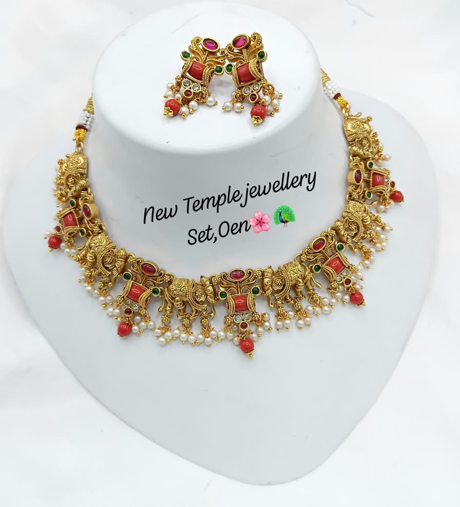 Temple Choker Necklace Set with Intricate Motifs and Matching Earrings