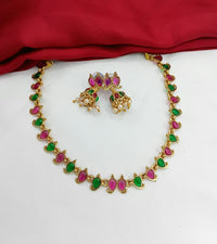 Gold Mango Motif Necklace Set with Ruby & Emerald Stones