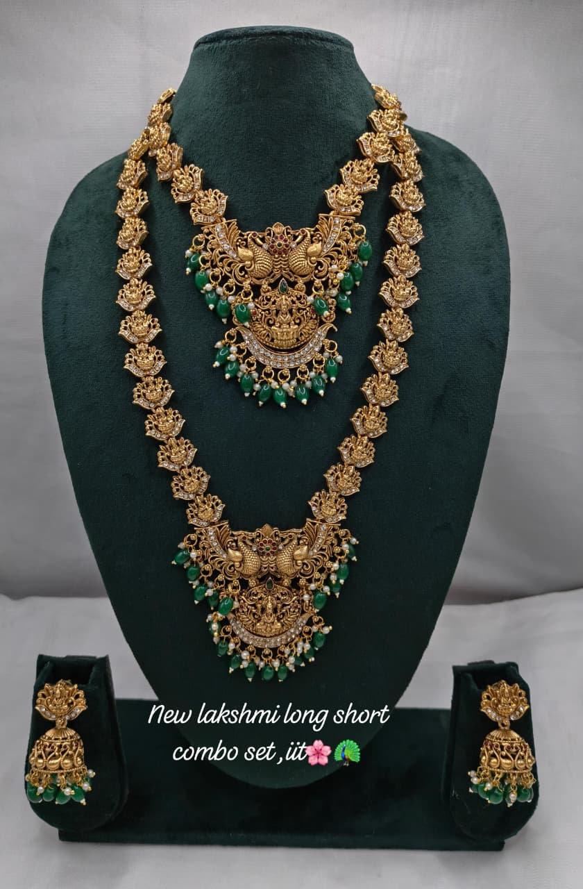 Matte Gold Lakshmi Bridal Combo Temple Jewellery Set