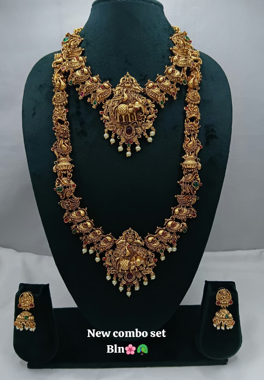 Bridal Haram Combo with Antique Matte Finish, Ruby-Emerald Accents & Pearl Drops