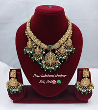 Goddess Lakshmi Nakshi Choker with Emerald Bead Drops