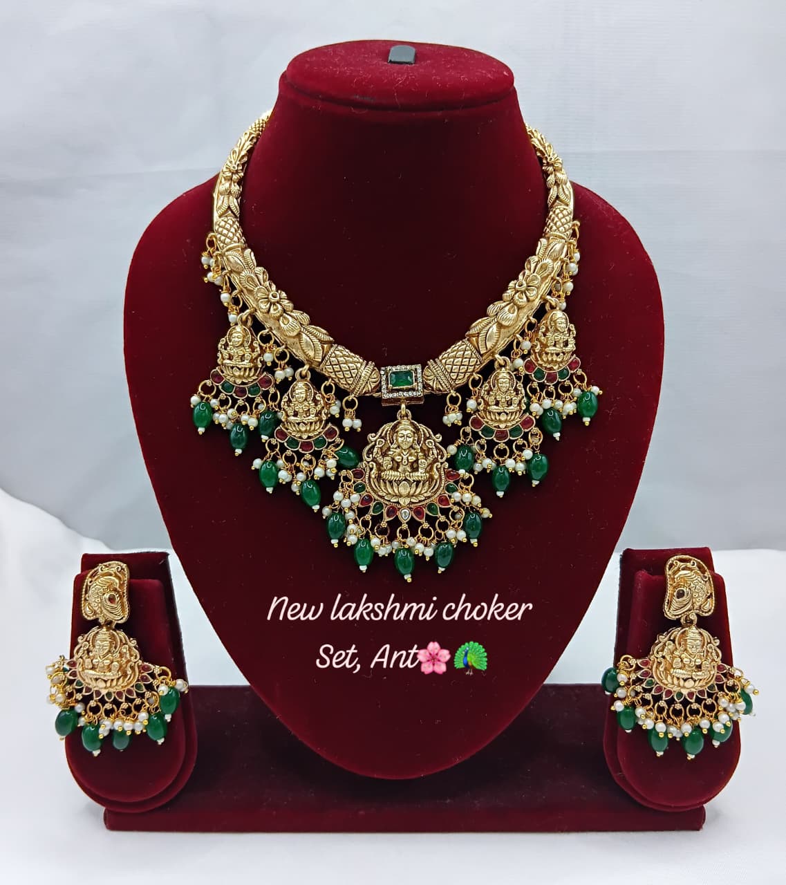 Goddess Lakshmi Nakshi Choker with Emerald Bead Drops
