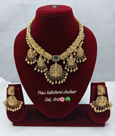 Goddess Lakshmi Nakshi Choker with Emerald Bead Drops