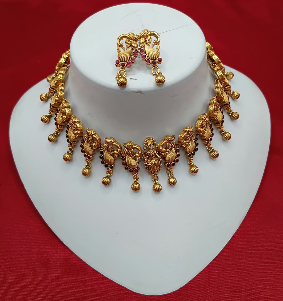 South Indian Matte Gold Peacock Motif Temple Necklace Set