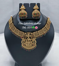 Ruby Emerald Accents Goddess Lakshmi Temple Choker Set