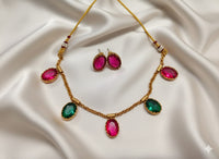 Minimalist Rani Pink Oval Stone Necklace with Matching Studs