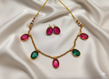 Minimalist Rani Pink Oval Stone Necklace with Matching Studs