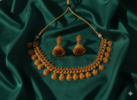 Handcrafted Temple Goddess Coin Necklace Set with Hanging Jhumkas
