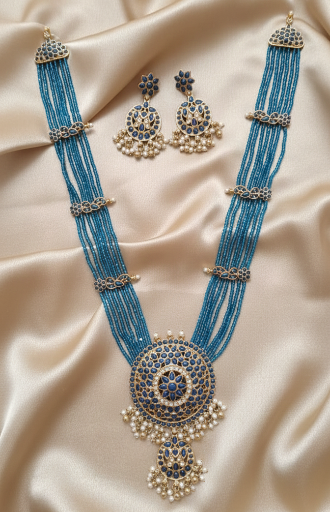 Traditional Peacock Blue Long Necklace Set