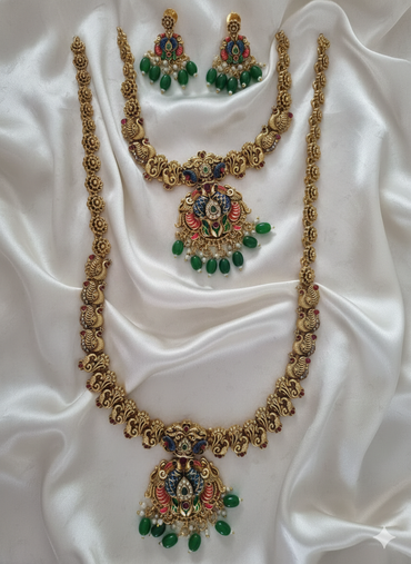 Sea Green Meenakari Peacock Temple Combo Set