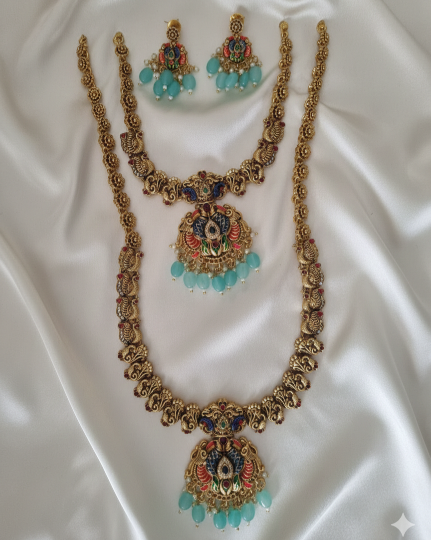 Sea Green Meenakari Peacock Temple Combo Set