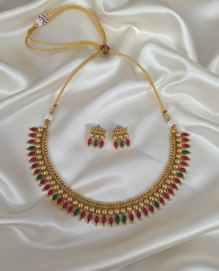Gold Pladet Temple Jewelry Set Necklace with Matching Earring For Woman