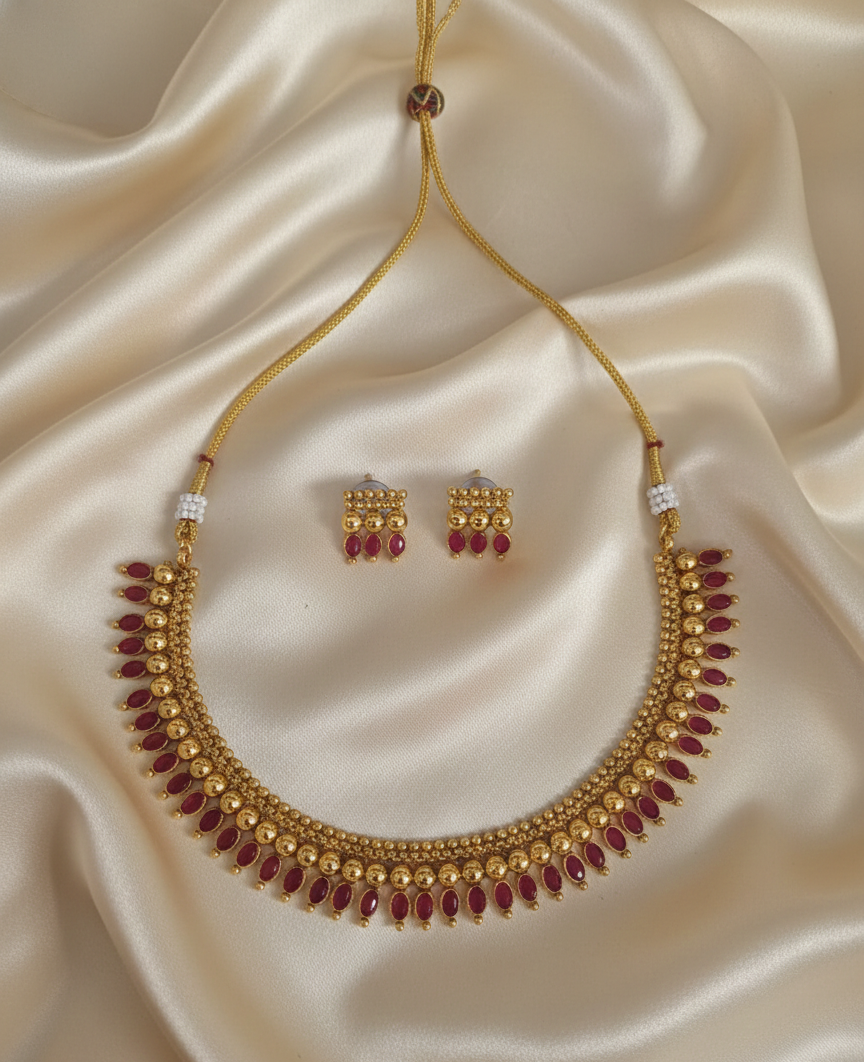 Gold Pladet Temple Jewelry Set Necklace with Matching Earring For Woman