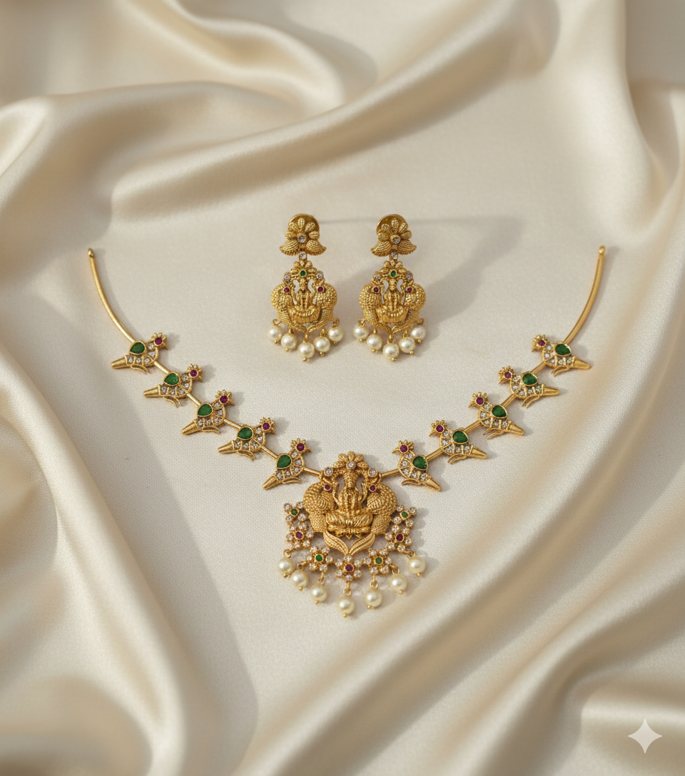 South Indian Peacock Lakshmi Temple Jewelry Set With Earrings
