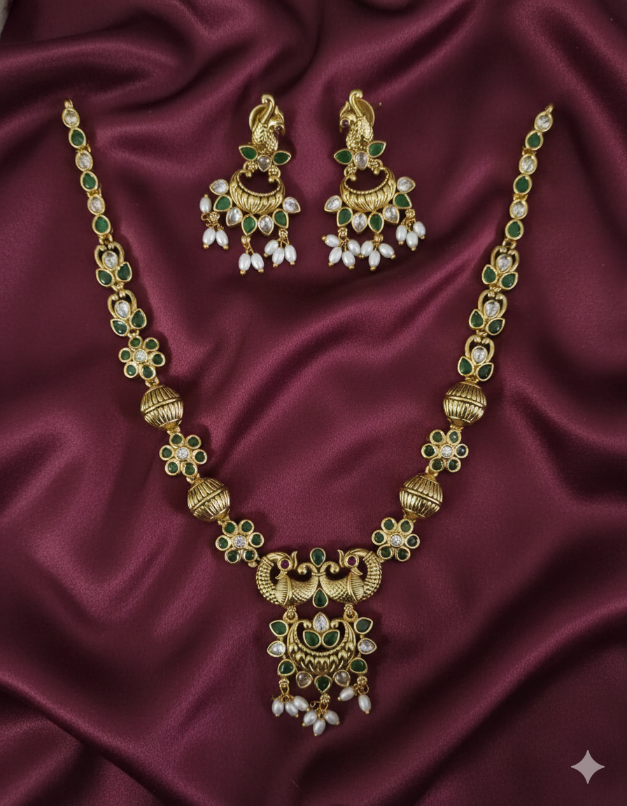 Traditional Temple Gold Plated Peacock Necklace Set with Matching Earrings