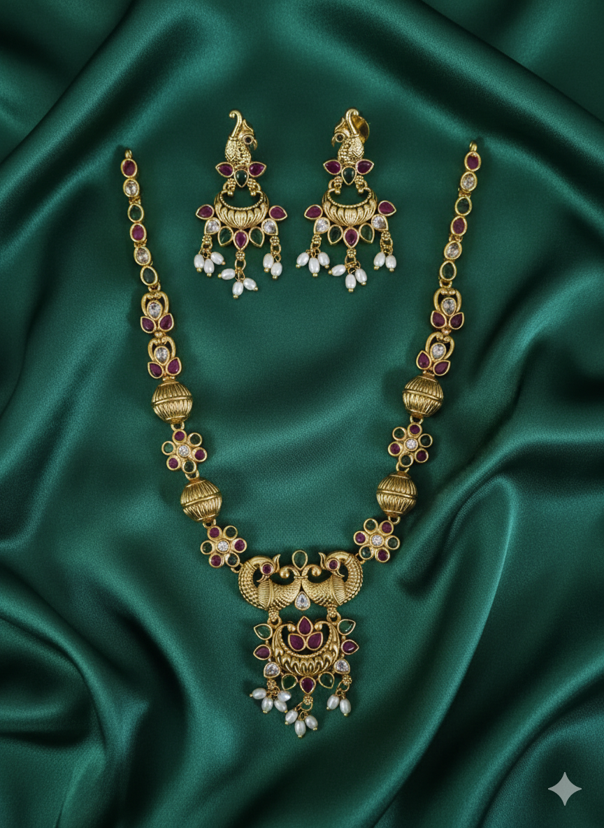 Traditional Temple Gold Plated Peacock Necklace Set with Matching Earrings