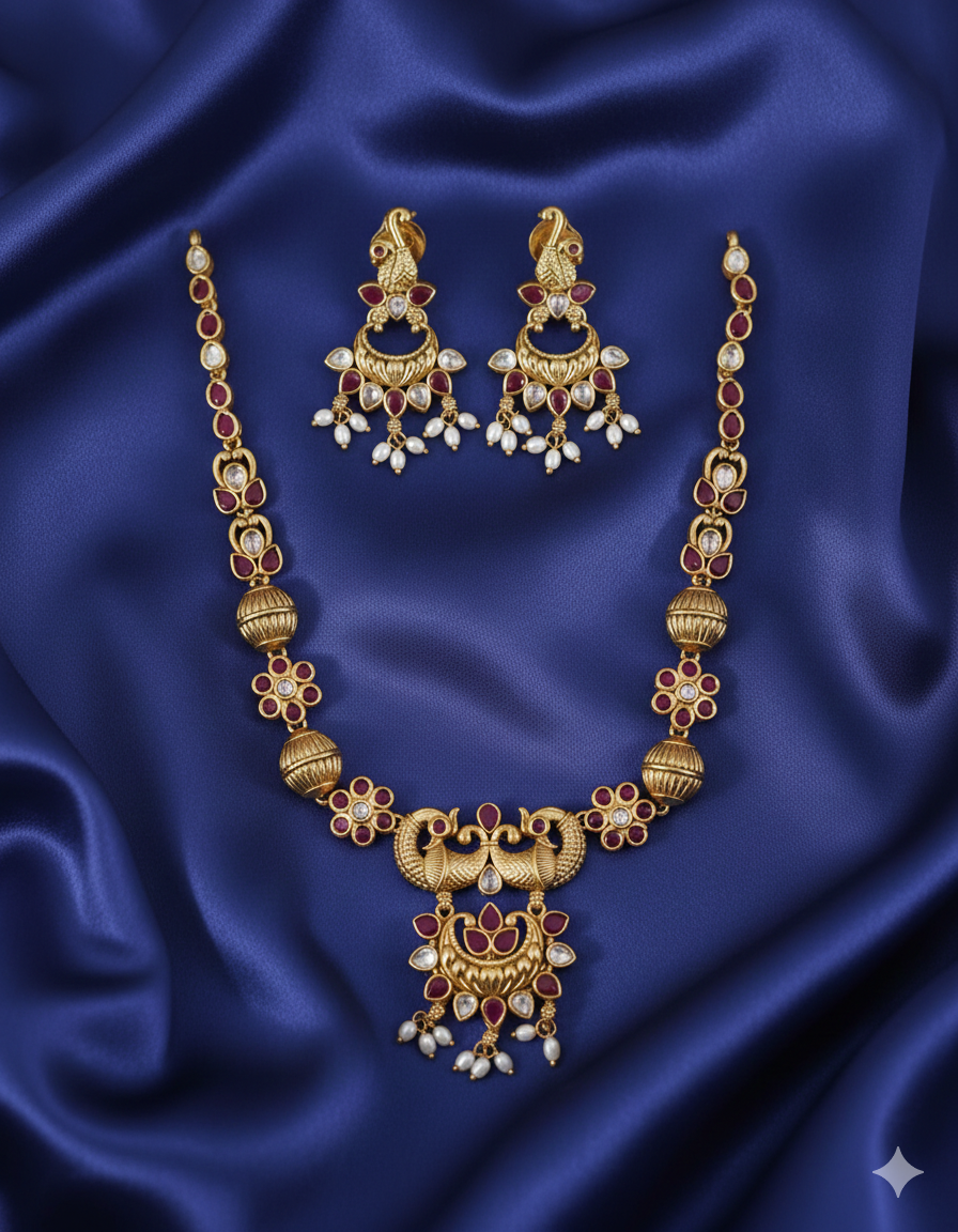 Traditional Temple Gold Plated Peacock Necklace Set with Matching Earrings