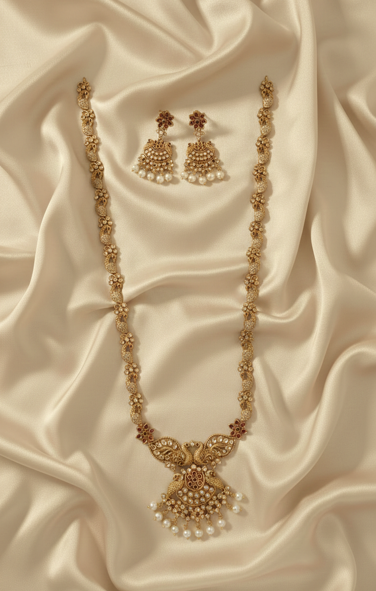 Temple Matte Gold Long Peacock Necklace & Earring Set For Woman