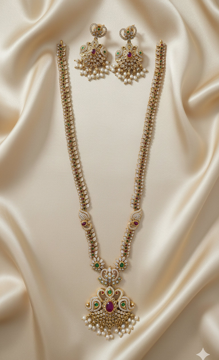 Traditional Gold Plated Peacock Drops Necklace With Earrings For Woman & Girls